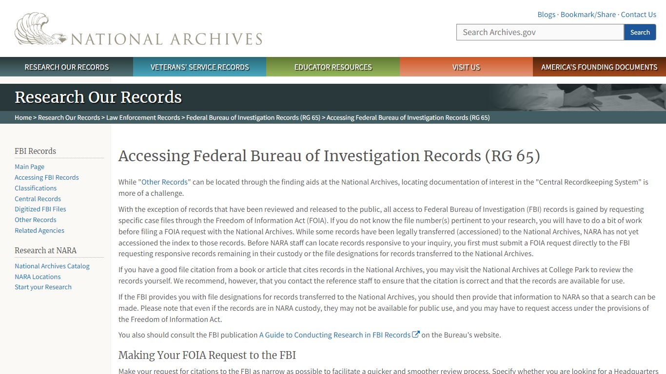 Accessing Federal Bureau of Investigation Records (RG 65)